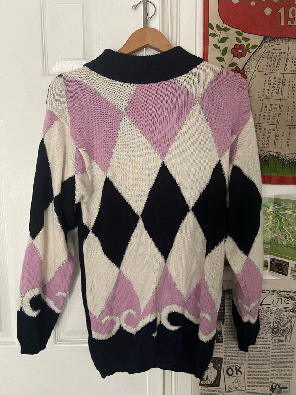 Women's Pink, Black & Cream Argyle Knit Sweater